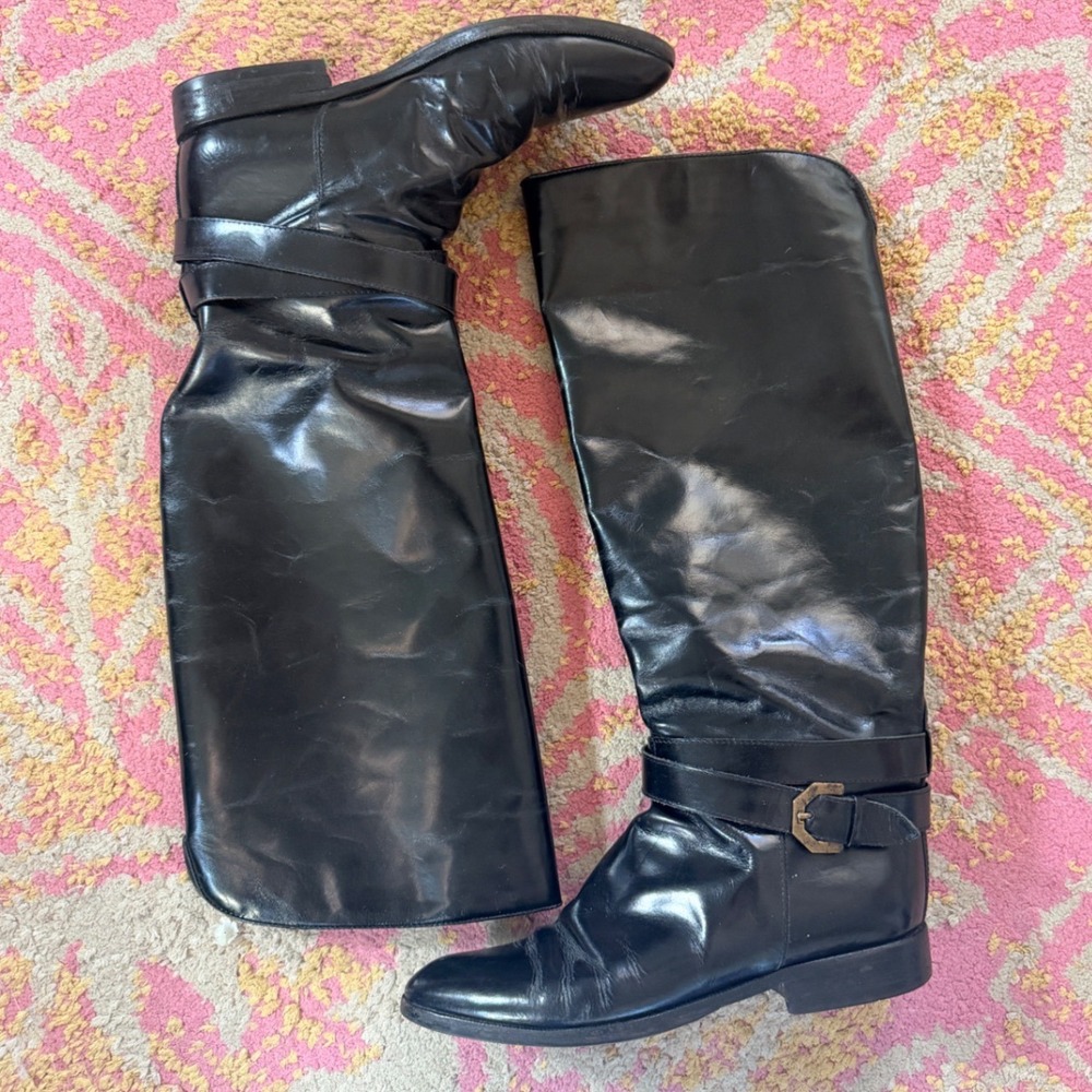 VTG‎ Charles David Black Leather Riding Boots Made in Italy Knee High - 7.5